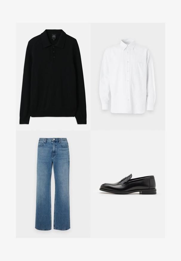 Must mustriga pullover, millel on krae, kolm nööpi ja soonikkoesed. Omab pikki varrukasid ja tekstuurset kangast.; Valge nööpidega särk kraega, millel on peened vertikaalsed triibud, pikad varrukad, rinnatasku ja klassikaline ümar serv.; Laiad sinised teksad, mis on valmistatud denimist ja millel on kulunud viimistlus. Omab viit taskut, ees nööpidega kinnitust ja sirget lõiget.; Mustad mustad nahast loafers sileda tekstuuriga, ümarat ninaosa ja dekoratiivne riba vampi üle. Madal kihiline konts, minimalistlik disain.