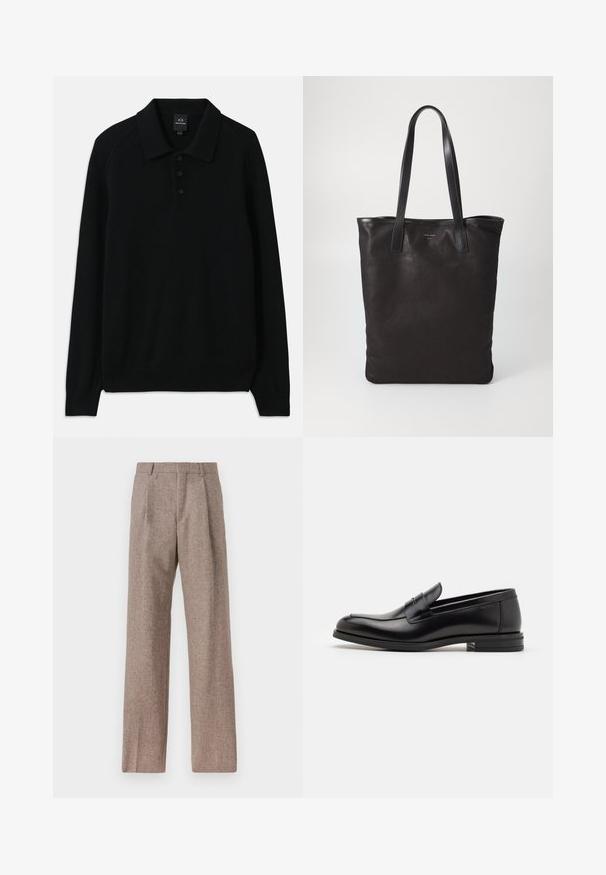 Fekete kötött pulóver, galléros nyakkal, három gombos gombolással és bordázott mandzsettákkal. Hosszú ujjakkal és textúrált anyaggal rendelkezik.; Világoskék, hosszú ujjú ing, hegyes gallérral, fekete gombokkal, és egyedi kivágással elöl, amely különleges dizájnt kölcsönöz.; Barna, magas derekú nadrág texturált anyagból. Széles szárai és két elülső redője biztosítja a struktúrát. Ízléses kivitel, látható fémszerelés nélkül.; Fekete bőr loaferek sima textúrával, kerek orral és dekoratív pánttal a vampnál. Alacsony, rétegelt sarkú, minimalista dizájn.; Fekete vászontáska fekete bőr füllel. Egyszerű dizájn, tágas test és sima textúra. Nincsenek látható logók vagy minták.