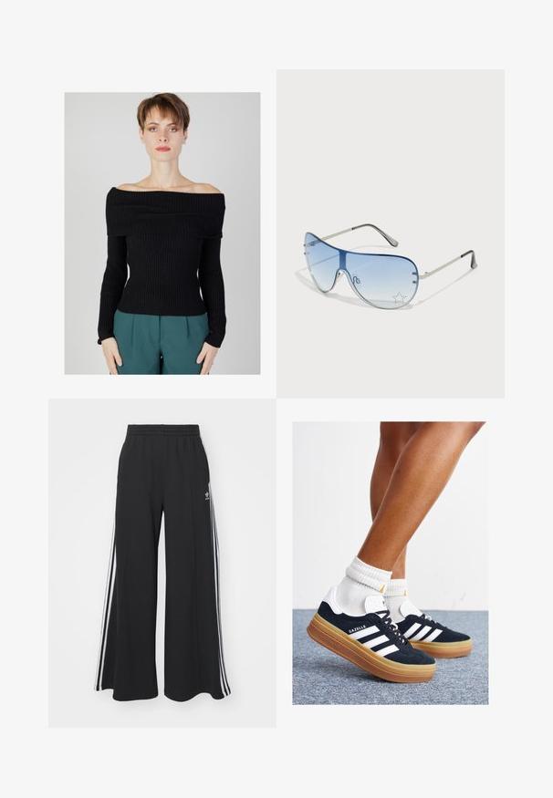 Black ribbed off-the-shoulder sweater with long sleeves, fitted design, and textured fabric. Paired with teal trousers.; Black wide-leg sweatpants with an elastic waistband, featuring white side stripes and an embroidered logo on the left thigh.; Black suede sneakers with white stripes and accents, rounded toe, gum rubber outsole, paired with white ribbed crew socks.; Aviator sunglasses featuring a gradient blue lens, silver metal frame, and decorative star accents on the lens. Smooth and sleek design.