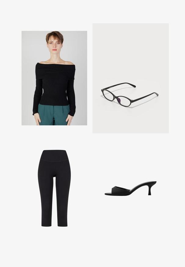 Schwarzer gerippter Off-Shoulder-Pullover mit langen Ärmeln, figurbetontem Design und strukturiertem Stoff. Kombiniert mit türkisfarbenen Hosen.; Schwarze 3/4-Leggings aus dehnbarem Material mit hohem Taillenbund und ohne sichtbare Muster oder Hardware.; Schwarze Absatzmules mit einer breiten, offenen Zehenpartie und einem geschwungenen Oberteil. Hergestellt aus strukturiertem Stoff, mit einem schlanken Absatz und einer glatten Sohle.; Schwarze Kunststoffbrille mit ovaler Form, ausgestattet mit klaren Gläsern und einem lila Akzent auf dem linken Glas. Elegantes, minimalistisches Design.