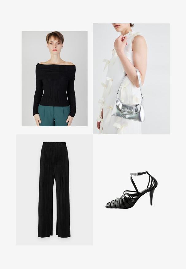 Melnā ribotā džemperis bez pleciem ar garām piedurknēm, pieguļošs dizains un teksturēta auduma. Kopa ar zilu biksēm.; Melni plīšu bikses ar elastīgu jostu. Tām ir platākas kājas un gluda, teksturēta auduma ar vertikālām svītrām.; Melni augstpapēžu sandales ar krustveida siksnām, atvērtu pirkstu un potītes sprādzi, izgatavotas no gludas sintētiskas materiāla.; Sudraba metāla rokassoma ar struktūru formu, aprīkota ar augšējo rokturi un priekšpusē esošu loku. Gluda tekstūra, atstarojoša virsma.