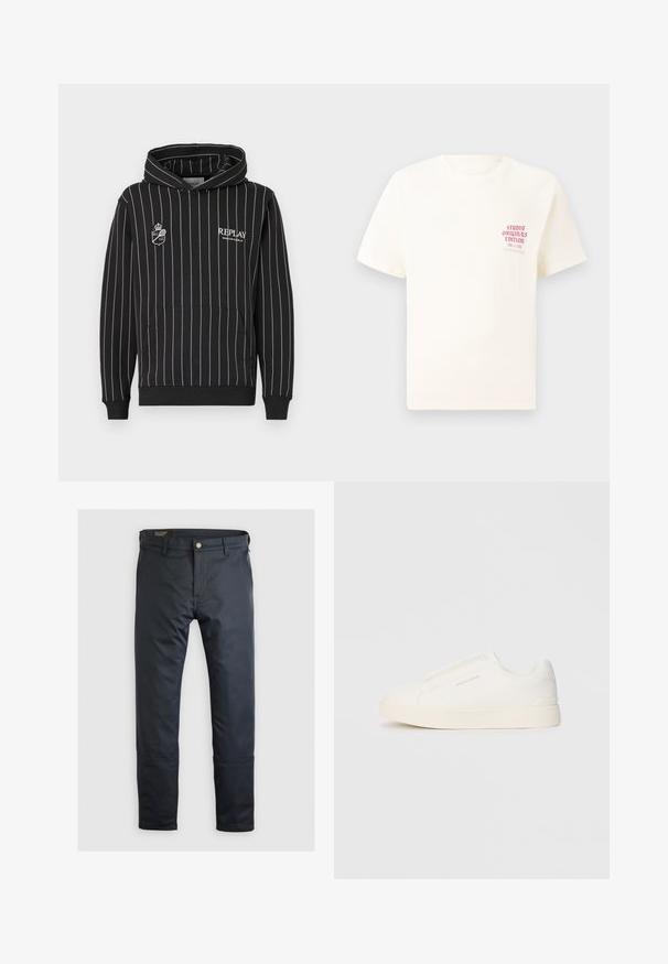 Sweatshirt preto com capuz e riscas verticais brancas, apresentando um bolso frontal e logótipos bordados no peito. Textura de tecido suave.; T-shirt branca de mangas curtas com o texto vermelho "Edição Originais do Estúdio" no lado esquerdo do peito, apresentada sobre um fundo cinza neutro.; Calças azul-marinho feitas de um tecido suave, com fecho de botão, passantes para cinto e detalhes de costura subtil; design clássico de perna reta.; Sapatilhas brancas de atacar com uma superfície texturizada, sola grossa e design minimalista. Possui o logo da marca na lateral.