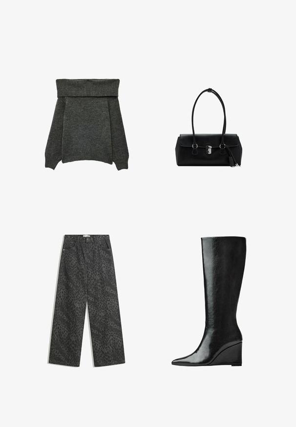 Schoudervrije, donkergrijze trui gemaakt van zacht breiwerk. Heeft een brede ribgebreide halslijn en lange, ontspannen mouwen. Platte ontwerp.; Zwarte denim wijde-lengte broek met een subtiele luipaardprint, metalen studs op de tailleband en een klassieke vijf-pocket ontwerp.; Kniehoge zwarte leren laarzen met een slanke, puntige neus en een wiggle heel. Het oppervlak is glad met een glanzende afwerking.; Zwarte leren handtas met een gladde textuur, gestructureerd ontwerp, dubbele hengsels en een zilveren sluiting in het midden.