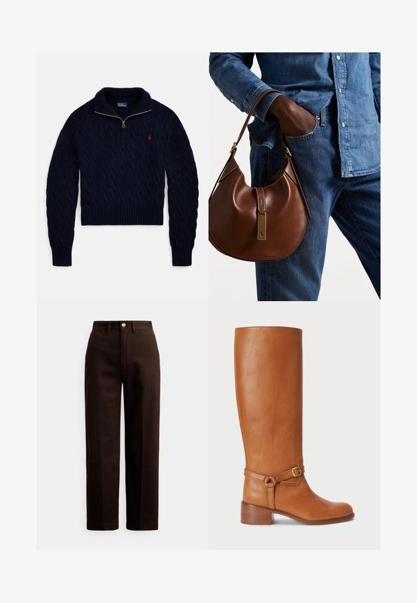 Camisola de lã azul marinho com gola de fecho meio e logo bordado a vermelho no peito esquerdo.; Calças castanho-escuro de perna reta com fecho de botão e fecho éclair, passantes para cinto e bolsos frontais contra um fundo branco.; Botas altas de couro castanho com um acabamento suave, apresentando uma fivela lateral e um salto empilhado. A parte superior possui um design limpo e sem adornos.; Bolsa hobo de couro castanho com forma arredondada, apresentando um acabamento em metal dourado e costura em contraste. Combinada com uma camisa de ganga e jeans.