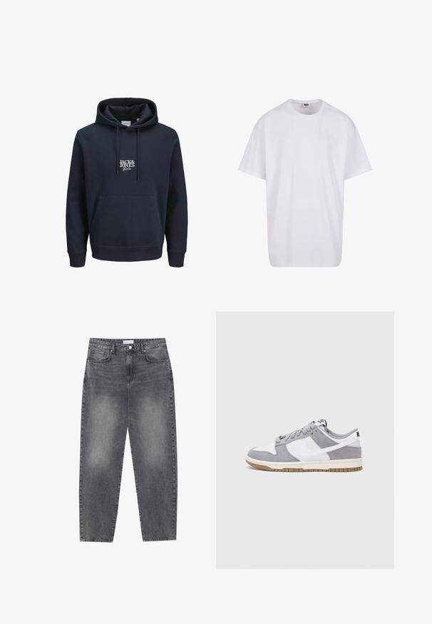 Námornícka modrá mikina s kapucňou na šnúrku, predná klokanková vrecko a biele vyšívané logo "JACK & JONES" na hrudi. Mäkký materiál.; Biela bavlnená tričko s krátkymi rukávmi, okrúhlym výstrihom, uvoľneným strihom a žiadnymi viditeľnými logami alebo vzormi. Hladká textúra a minimálny dizajn.; Vysoké, voľné džínsy z vyblednutého čierneho denimu. Obsahujú päť vreciek, pútka na opasok a čistý, rovný strih nohavíc.; Sivé a biele tenisky s vrchom z semišu a kože, zaoblenou špičkou, plochými šnúrkami a gumovou podrážkou s akcentom vo farbe gumy.