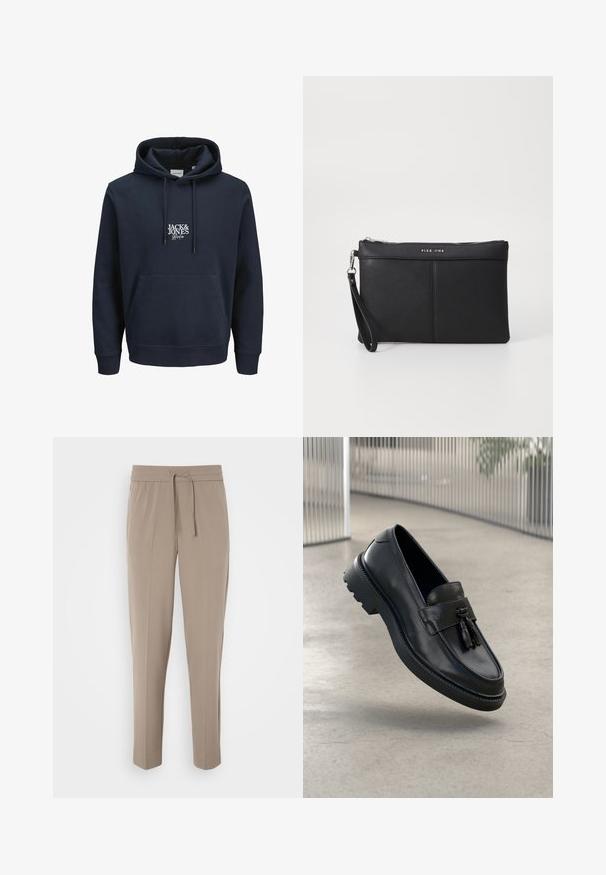 Marineblauwe hoodie met een koord in de capuchon, een voorste kangoeroe zak en een wit geborduurd logo "JACK & JONES" op de borst. Zacht materiaal.; Lichtbeige broeken met een elastische tailleband, verstelbare koord en taps toelopende pijpen. De stof lijkt glad met een lichte glans.; Zwarte leren loafers met een gladde afwerking, decoratieve kwast, dikke rubberen zool en gestikte accenten. Lichtgewicht en strak ontwerp.; Zwarte synthetische clutch met een ritssluiting, polsbandje en een gladde textuur. Kenmerkt zich door subtiele stiksels en een op de voorkant geperst logo.