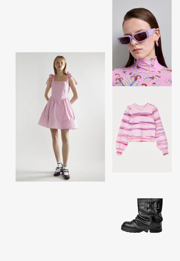 Hæklet sweater i lys rosa med vandrette striber i lilla, orange og rød. Har lange, puffede ærmer og en rund halsudskæring.; Lyserød bomuldskjole med firkantet halsudskæring, samlet skørt og bindebåndsremme. Parret med sorte Mary Jane-sko og hvide flæseknyttesokker.; Sort læderankelstøvle med en slasket design, firkantet tå og en sidespændeaccent. Tyk sål giver ekstra højden og stabilitet.; Lilla rektangulære solbriller med mørke tonede linser, båret med en pink mønstrede turtleneck med blomsterdesign og livlige accenter.