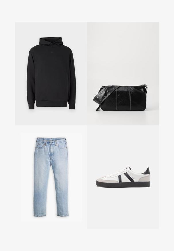 Sudadera negra de mezcla de algodón; cuenta con un bolsillo tipo canguro, puños acanalados y un pequeño logo en el pecho. Textura suave, diseño informal.; Jeans de mezclilla azul claro con un diseño de pierna recta, estilo de cinco bolsillos y costuras en contraste. Cierre de botón y cremallera en la cintura.; Zapatilla blanca con acentos en negro y gris, que presenta una puntera texturizada en gris, suela de goma negra y cordones planos blancos. Diseño limpio, estilo minimalista.; Bolso de hombro de cuero negro con cierre de cremallera, que presenta un cuerpo texturizado, costuras blancas y una correa con ojales plateados.