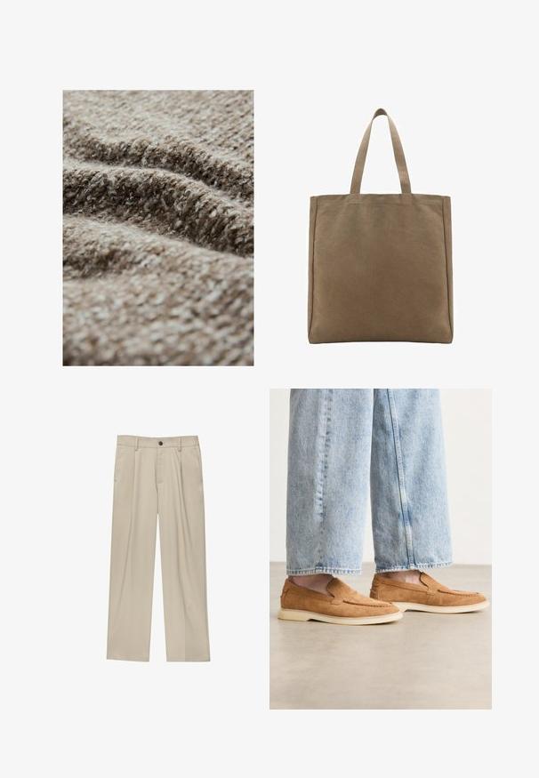 Teksturirana smeđa tkanina s dlakavim izgledom, koja se sastoji od mješavine svijetlih i tamnih vlakana, prikazuje tkanu šaru i različite debljine.; Smeđa pamučna majica s opuštenim krojem, kratkim rukavima i bijelim ispisanim logom na prsima. Jednostavan dizajn, bez dodatnih ukrasa.; Bež hlače ravnog kroja s jednim crnim gumbom, petljama za remen i bočnim džepovima. Glatka tekstura tkanine i minimalistički dizajn.; Smeđe suede cipele bez kopčanja s niskim profilom, kremasto bijelom potplatom i detaljima šivanja, uparenim sa svijetloplavim trapericama.; Platnena torba u boji tan, s dva čvrsta ručka. Pravokutnog oblika s glatkom teksturom i bez vidljivih dekoracija.