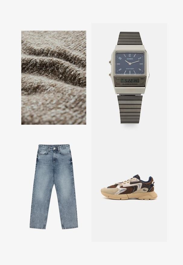 Textuur bruin stof met een fuzzy uitstraling, met een mix van lichte en donkere vezels, die een geweven patroon en variërende dikte laat zien.; Lichtblauwe denim jeans met een rechte pijp, zichtbare stiksels, vijf zakken en een knoopsluiting in de taille.; Beige en bruine sneaker met gestructureerde meshpanelen, suède accenten en een rubberen zool. Bevat vetersluiting en merkdetails.; Casio digitale watch met een blauwe wijzerplaat, zilveren kast en gelaagde zwarte rubberen band. Toont de tijd en alarminstellingen. Waterbestendig.