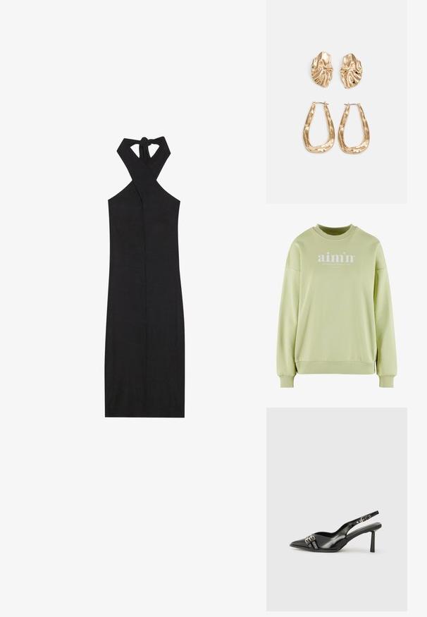 Svetle zelená mikina s kulatým výstřihem, žebrovanými manžetami a lemem. Na přední straně se nachází bílé logo s textem. Měkká, texturovaná látka.; Černé halterneck šaty s křížovým výstřihem a zavazováním. Vyrobeno z ribbed materiálu, mají trendy siluetu a délku ke kolenům.; Černá lakovaná slingback obuv s špičatou špičkou, kotníkovými pásky s kovovými sponami a příslušenstvím, a štíhlým podpatkem.; Černá kožená kabelka s křivkovým tvarem, odnímatelným popruhem a zlatými detaily. Kabelka má klopu s přezkou.; Náušnice ve zlatém tónu s texturovanými, vlnitými tvary. Obsahují sochařské klipy a design otevřeného kruhu s kladivkovým povrchem.