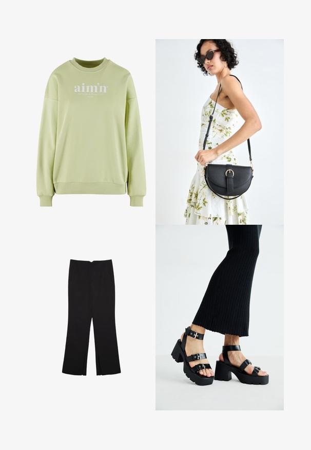 Felpa verde chiaro con collo a giro, polsini e orlo a costine. Presenta una stampa in bianco con il testo del logo sulla parte anteriore. Tessuto morbido e texturizzato.; Pantaloni neri a gamba dritta, con tasche frontali e spacchi laterali all'orlo. Realizzati in tessuto morbido e liscio. Adatti a diverse occasioni.; Sandali neri con piattaforma, suole chunky e tassellate, dotati di molteplici cinturini, con fibbie in metallo e un texture simile alla pelle liscia.; Borsa a tracolla nera in pelle con una forma curva, manico rimovibile e accessori dorati. La borsa presenta una patta con un dettaglio a fibbia.