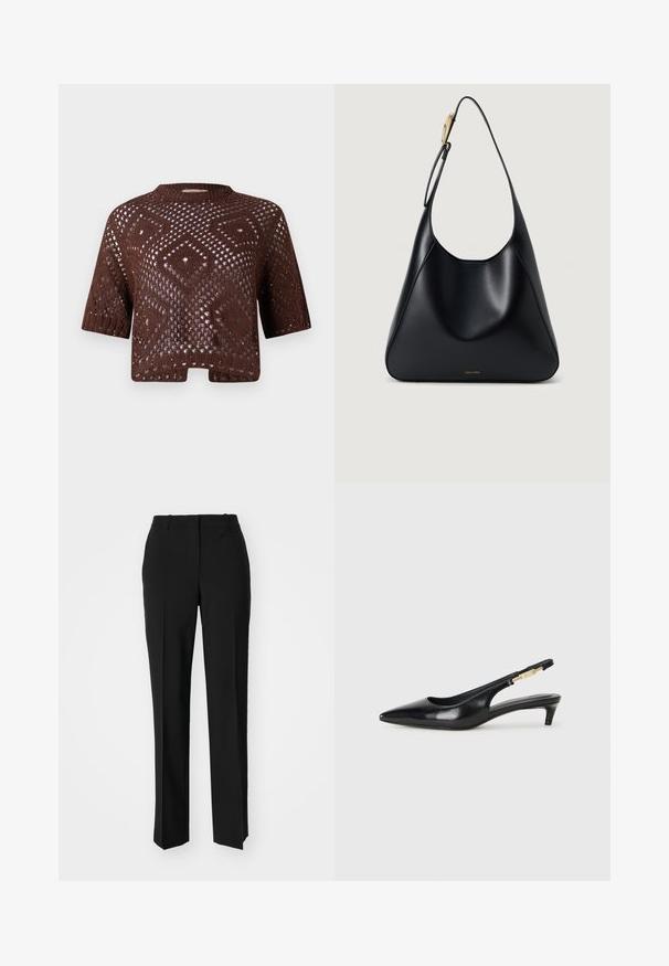 Brauner Strickpullover mit kurzen Ärmeln, der ein Rautenmuster aus offenen Maschen aufweist und eine leicht verkürzte, kastige Form hat.; Schwarze, taillierte Hose mit geradem Bein, aus einem glatten Stoff und mit klaren Falten an der Vorderseite. Keine sichtbare Hardware.; Schwarze Leder-Slingback-Pumps mit spitzem Schuhblatt, ausgestattet mit einem schlanken Absatz und einem goldfarbigen Akzent am verstellbaren Riemen. Glatte Textur.; Schwarze Leder-Schultertasche mit glatter Textur, geschwungener Silhouette und goldfarbenen Hardware-Akzenten. Mit geprägtem Markenlogo an der Basis.
