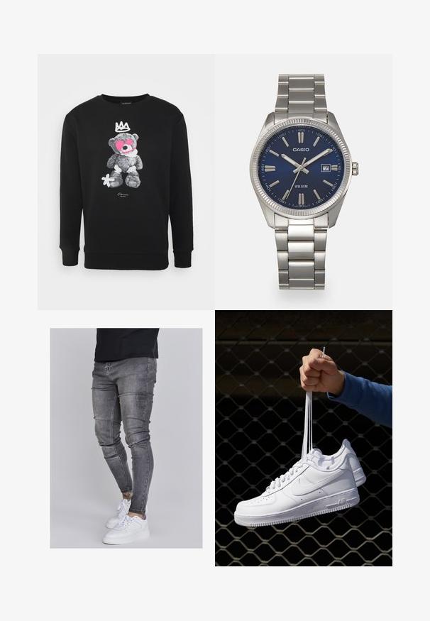 CLOSURE London BEAR CREW - Melegítőfelső - black; Fakó szürke farmerből készült skinny farmernadrág, térdén kopott részletekkel, fehér sportcipővel párosítva. Simább anyag, karcsú szabás.; Fehér bőr sportcipők perforációval, kerek orral, lapos talppal és vastag fűzőkkel, látható swoosh logóval és "AIR" felirattal a sarokrészen.; Ezüst színű rozsdamentes acél karóránk sötétkék számlapja van, fém óraszámlálókkal és egy dátumablakkal a 3 órás pozícióban. 50 méterig vízálló.