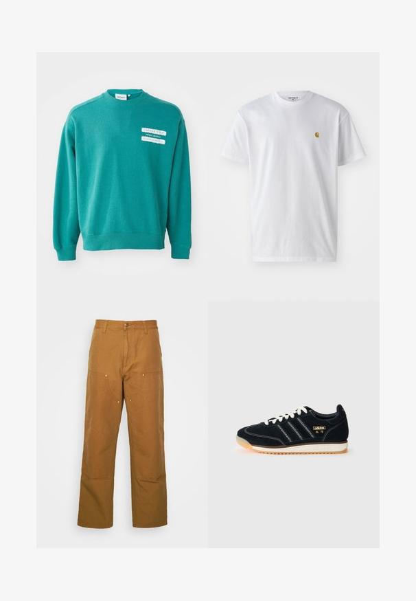 Sweatshirt verde feito de tecido texturizado, com decote redondo, mangas longas e dois rótulos gráficos brancos na frente.; T-shirt branca de algodão com mangas curtas, decote redondo, apresentando um pequeno logótipo dourado na área do peito esquerdo. Textura macia e ajuste regular.; Calças utilitárias de algodão castanho com um design de perna reta, apresentando bolsos frontais e detalhes em metal para uma maior durabilidade.; Sapatilha de camurça preta com atacadores brancos, três riscas brancas de lado, detalhes texturizados e sola de borracha com um ligeiro tom laranja.