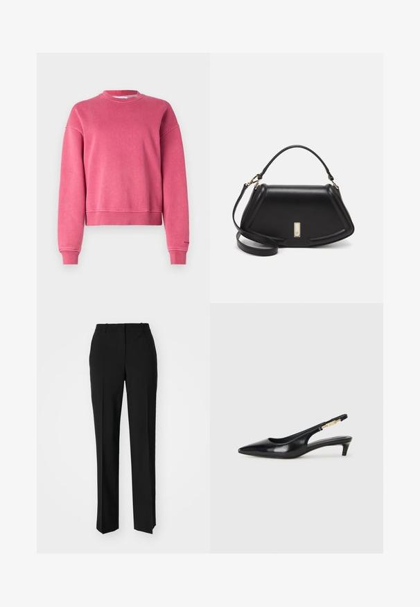 Samsøe Samsøe SAVA - Felpa - rose wine; Pantaloni neri su misura con un design a gamba dritta, caratterizzati da una texture liscia e pieghe ben definite sul davanti. Senza hardware visibile.; Tacchi slingback in pelle nera con punta affusolata, caratterizzati da un tacco alto e un accento dorato sulla cinghia regolabile. Texture liscia.; Borsa a mano in pelle nera con un design strutturato, caratterizzata da una forma corta, manico superiore e accessori in metallo dorato. Inclusa tracolla regolabile.