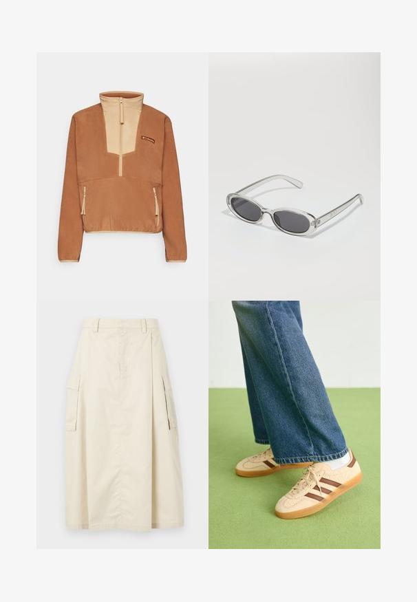 Columbia SEQUOIA GROVE™ 1/2 ZIP - Fleece trui - camel brown/canoe; Beige, knielange rok van katoen. Beschikt over twee zijcargo zakken en een voorplooing, met een tailleband en verborgen ritsluiting.; Beige sneakers met gestructureerde crèmekleurige panelen en bruine strepen, gecombineerd met blauwe denim jeans. De jeans hebben een brede pijp en een rafelige zoom.; Zonnebril met een ovale vorm, helder plastic montuur, donkergrijze glazen en dunne transparante pootjes met logo-accenten en minimale details.