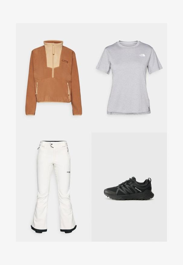 Columbia SEQUOIA GROVE™ 1/2 ZIP - Polárpulóver - camel brown/canoe; Szürke, rövid ujjú póló, puha, nedvességet elvezető anyagból készült. Kerek nyakú, és egy kis fehér logó található a bal felső részen.; Fehér sínadrág, puha, rugalmas anyagból készült. Jellemzője az illeszkedő derék, széles, trapéz szabású lábszárak és fekete díszítés a mandzsettán. A márka logója látható.; Columbia PEAKFREAK - Túracipők - black