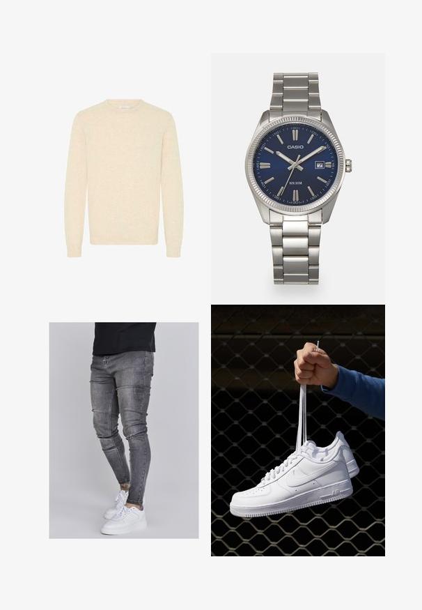 Lichtbeige trui gemaakt van zacht breiwerk, met een ronde halslijn en lange mouwen, voorzien van ribgebreide manchetten en zoom.; Skinny jeans in vervaagd grijs denim, met versleten details op de knieën, gecombineerd met witte sneakers. Gladde textuur, slank model.; Witte leren sneakers met perforaties, ronde neus, vlakke zool en dikke veters, met een zichtbare swoosh-logo en "AIR" op de hiel.; Zilveren roestvrijstalen horloge met een marineblauwe wijzerplaat, metalen uurmarkeringen en een datumnis op 3 uur. Waterbestendig tot 50 meter.