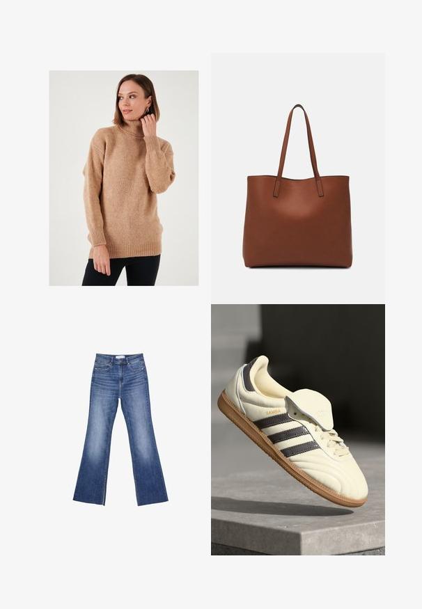 Maglione beige a collo alto con una vestibilità morbida, texture a maglia e polsini e orlo a costine. Parte anteriore leggermente più lunga con spalle cadenti, creando un aspetto rilassato.; Jeans in denim blu con vita alta, tasche frontali e leggero svaso alla base su sfondo bianco.; Sneaker in pelle crema con tre strisce scure, suola in gomma marrone e punta arrotondata. Presenta una linguetta pieghevole etichettata "SAMBA".; Borsa tote in pelle marrone con texture liscia, design con apertura superiore e due spallacci. Presenta cuciture minime e nessun hardware visibile.