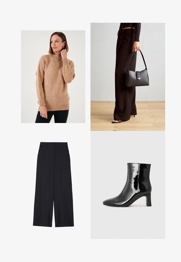 Beige coltrui met een loose fit, van breiwerk met ribbelstructuur en ribgebreide manchetten en zoom. Voorkant iets langer met verlaagde schouders, wat zorgt voor een ontspannen uitstraling.; Zwarte wijde broek in donkerblauw materiaal, met een gladde textuur, voorplooien en decoratieve goudkleurige ogen op de zijzakken.; Zwarte gepolijste leren enkellaars met een spitse neus en een blokhak van gemiddelde hoogte. Glad textuur en minimalistisch ontwerp.; Zwarte handtas met gestructureerde vorm, gladde textuur en een metalen sluiting. Gecombineerd met brede zwarte broeken en sandalen met open teen op een houten vloer.