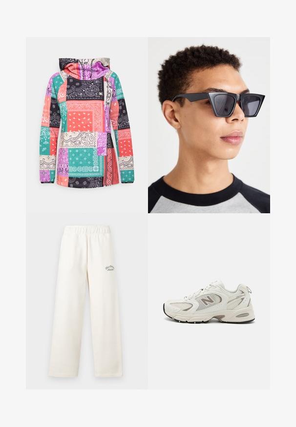 DC Shoes SALEM - Sweatshirt com capuz - multi-coloured; Calças largas de cor creme feitas de material suave, com uma cintura elástica. Apresenta texto bordado em verde discreto na frente.; Sapatilha de corrida em malha branca com detalhes em cinza, bico arredondado, design com atacadores, sola amortecida e um proeminente logótipo "N" na lateral.; Óculos de sol angulares pretos com lentes escuras, apresentando um design geométrico arrojado e um acabamento mate. Usados por uma pessoa com cabelo curto.