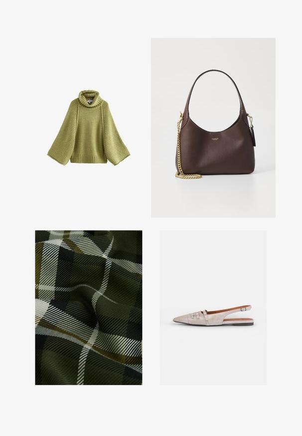 Hele roheline sokkmüts, millel on kõrge ribaga kaelus ja laiad ribaga varrukad. Tekstuuriga keha ja lõdva lõikega ribaga alumine äär.; Kootud pliiatsmaterjal, mis sisaldab tumeroheline, must ja valge värv. Tekstuur on sile ja pehme, mustriline viimistlus.; Heledad halljalats, helebeez värv, terava ninaga, pehme sametitaaline, kaunistatud kahe dekoratiivse pandlaga ja madala, tasase kontsaga.; COACH BROOKLYN SHOULDER BAG 23 - Käekott - maple