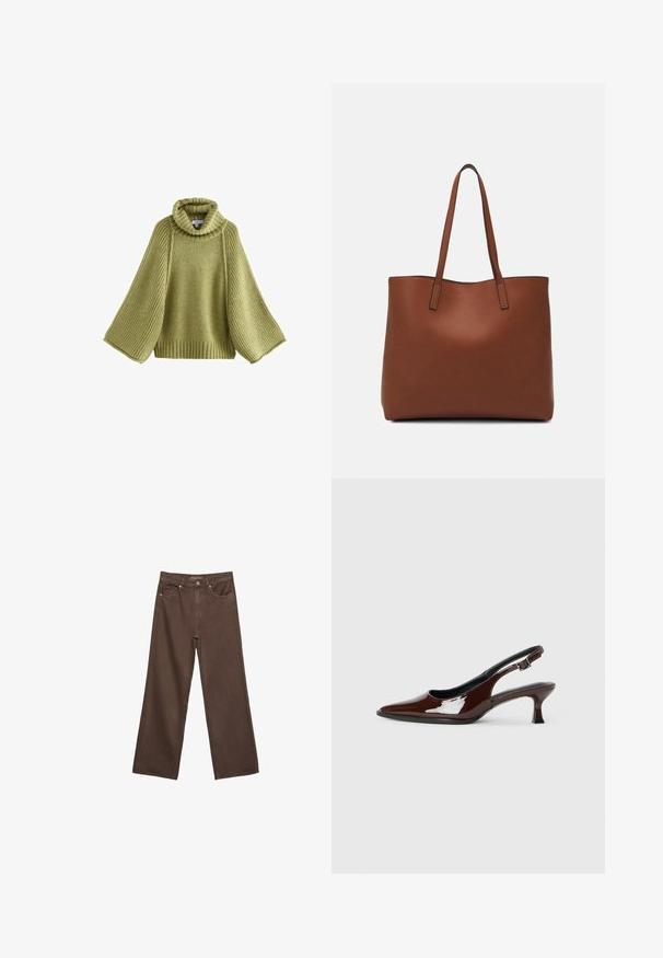 Svetlozelený pletený sveter s vysokým rebrovaným golierom a širokými rebrovanými rukávmi. Textúrované telo s voľným strihom a rebrovaným spodkom.; Džínsy s širokými nohavicami v hnedej farbe, vyrobené z denimu, so zvýšeným pásom, prednými vreckami a klasickým zapínaním na gombík. Hladká textúra s jemným prešívaním.; Hnedá lakovaná slingback obuv s špicatou špičkou a mierne vysokým opätkom. Obsahuje pracku pre bezpečné upevnenie. Hladká textúra.; Hnedá kožená taška na rameno s hladkou textúrou, otvoreným vrchom a dvoma ramenými popruhmi. Má minimálne šitia a žiadne viditeľné kovania.