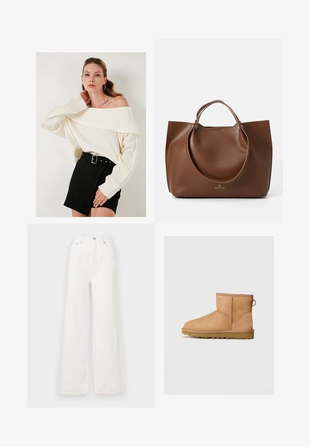 Cream off-shoulder knit sweater with ribbed texture, paired with a high-waisted black suede skirt featuring a belt and side accents.; White high-waisted wide-leg jeans made of denim. Features front pockets, a button closure, and frayed hem details.; Tan suede ankle boot with round toe, stitched detailing, pull tab on back, and a textured rubber sole. Designed for comfort and warmth.; Brown leather tote bag with a smooth texture, large circular handles, featuring minimalistic design and logo embossed at the base.