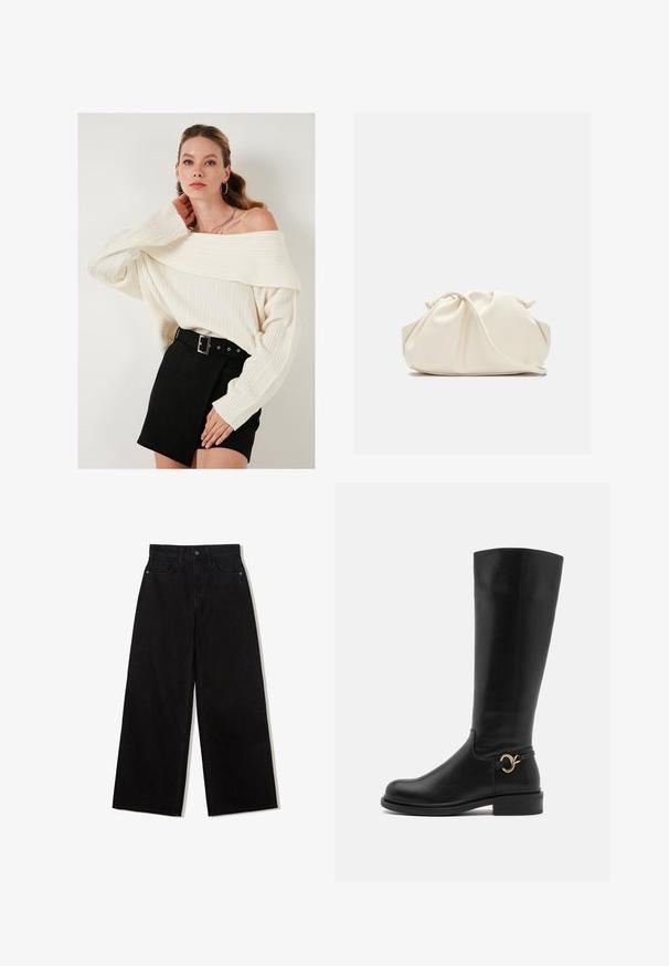 Cremfarbener, schulterfreier Strickpullover mit gerippter Textur, kombiniert mit einem hochgeschnittenen schwarzen Wildlederrock, der über einen Gürtel und seitliche Akzente verfügt.; Schwarze, weit geschnittene Jeans aus Denim mit hoher Taille, die ein Fünf-Taschen-Design und einen einzelnen Knopfverschluss vorne aufweist.; Anna Field Wide Fit Stiefel - black; Cremfarbener, weicher Kunstlederbeutel mit gerafftem Design, verstellbarem Schultergurt und subtiler Kordelzug-Verschluss. Glatte Textur und runde Form.; Silberne Tropfohrringe mit abgerundeten, reflektierenden Oberflächen; minimalistisches Design mit glatter Textur und subtilen Brandingdetails.