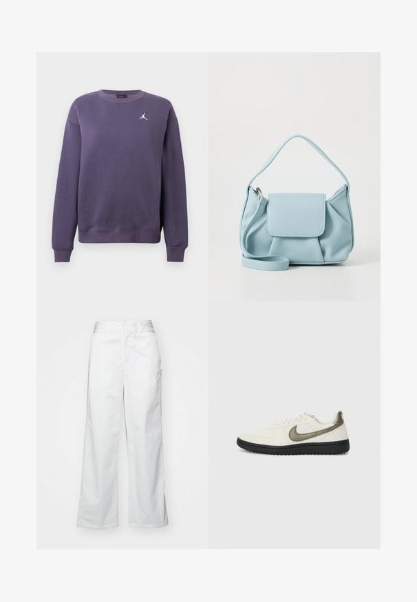 Ibolyaszínű kapucnis pulóver pamut keverékből, kerek nyakkivágással, hosszú ujjú, bordázott mandzsettával és fehér logóval a mellkason.; Fehér, bő szárú nadrág, pamutból készült, sima textúrával, egyenes szabással, elülső zsebekkel és tiszta szegéllyel.; Nike Sportswear FIELD GENERAL - Sportcipő - off-white/black; Világoskék bőrtáska, felső fogantyúval, elülső fedélzsebkémmel és levehető csuklószíjjal, fehér háttér előtt.