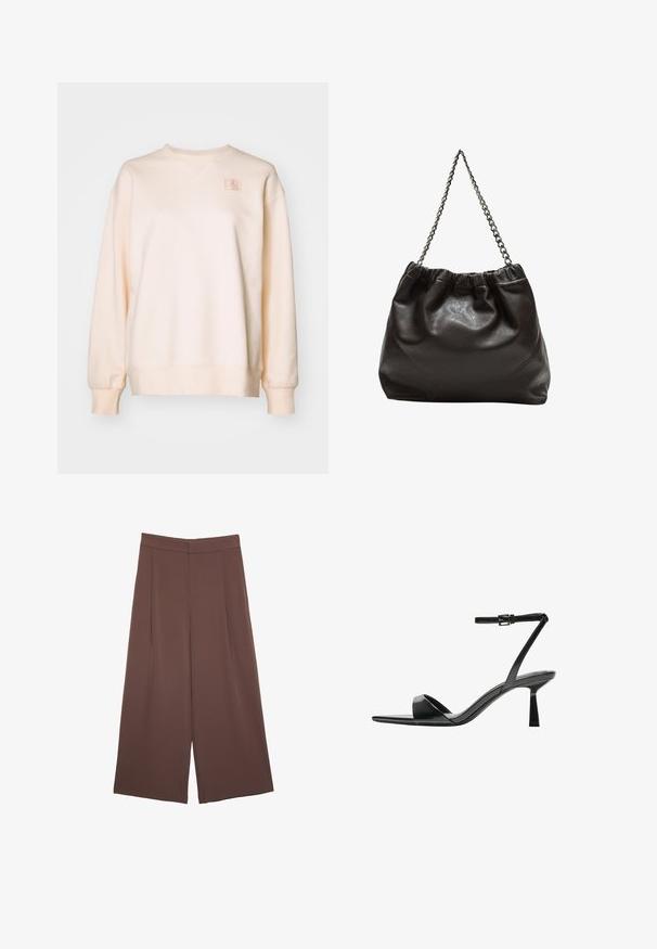 Mäkký svetloružový sveter s okrúhlym výstrihom, spustenými ramenami, rebrovanými manžetami a malým štruktúrovaným logom na ľavej hrudi.; Hnedé nohavice so širokými nohavicami a hladkou textúrou, s vysokým pásom a prednými skladmi. Tkanina je ľahká a voľne sa pohybuje.; Bershka Sandále na vysokom opätku - black; Hnedá kožená taška so zberaným vrchom a reťazovým popruhom. Hladký povrch s lesklým finišom a jemným švom po stranách.