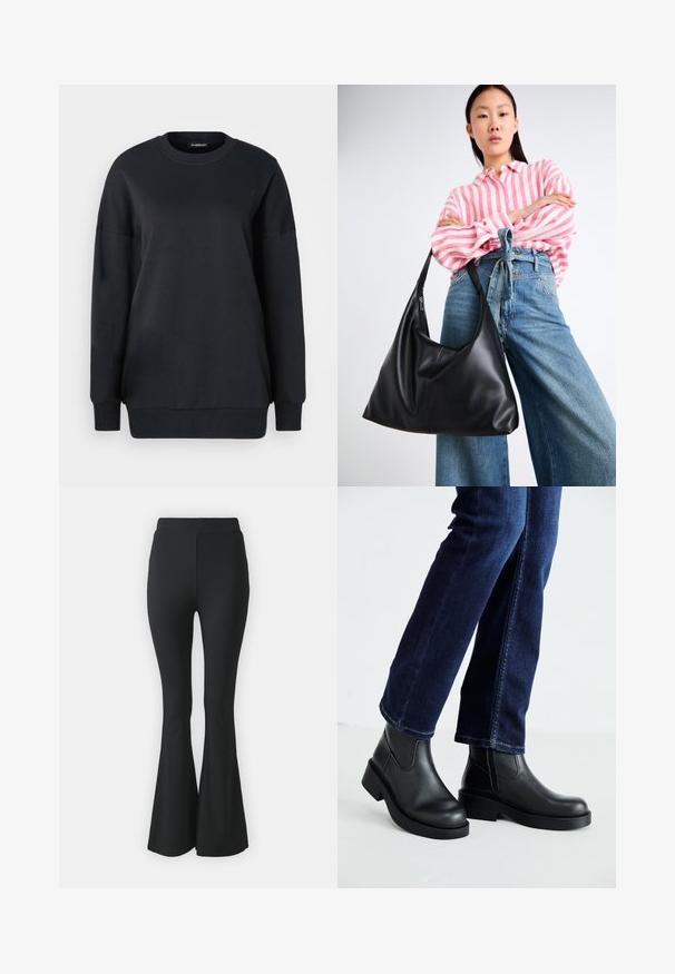 Fekete pamut pulóver, kerek nyakú, hosszú ujjú és laza szabású. Sima textúrájú, bordázott mandzsettákkal és szegéllyel.; Fekete, bővülő nadrág rugalmas anyagból. Magas derékkal és sima, testhezálló kialakítással rendelkezik, amely a térdtől lefelé bővül.; Fekete bőr bokacsizma vastag talppal és oldalán elnyújtott elasztikus betétekkel, sötétkék farmerral párosítva. A talaj világos színű.; Fekete bőr válltáska, laza formával és varrás részletekkel. A model egy rózsaszín és fehér csíkos inget visel széles szárú kék farmernadrággal.