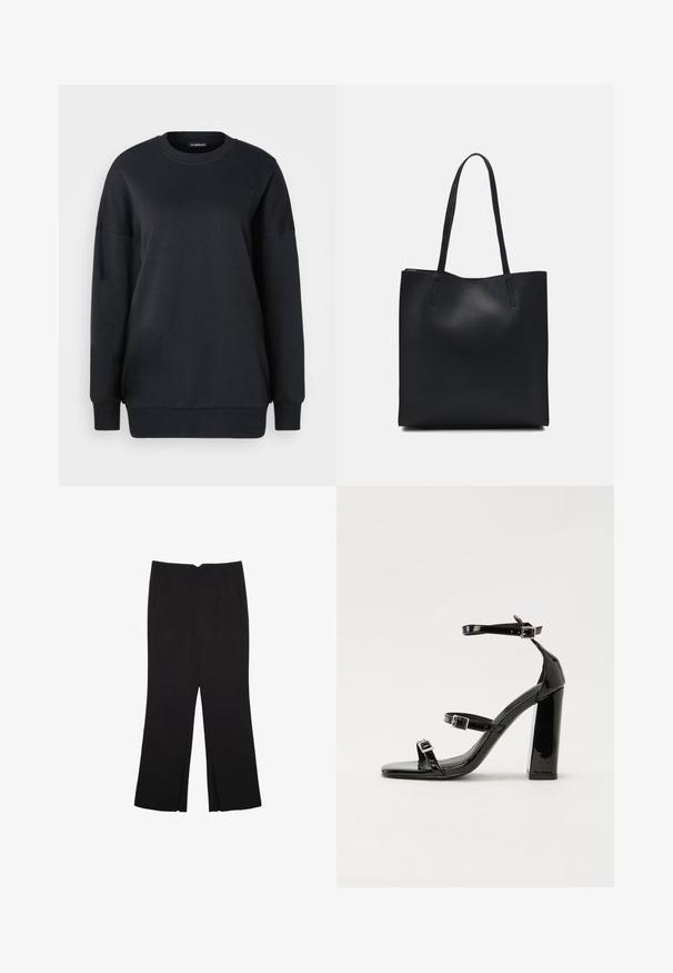 Felpa nera realizzata in cotone, con scollatura rotonda, maniche lunghe e una vestibilità comoda. Tessuto liscio con polsini e orlo a coste.; Pantaloni neri a gamba dritta, con tasche frontali e spacchi laterali all'orlo. Realizzati in tessuto morbido e liscio. Adatti a diverse occasioni.; Sandali con tacco in vernice nera, con punta squadrata, cinturini alla caviglia e fibbie in argento. Presentano un tacco a blocco spesso per maggiore stabilità.; Borsa tote in pelle nera con texture liscia, forma rettangolare e due manici lunghi. Nessun hardware o decorazione visibile.