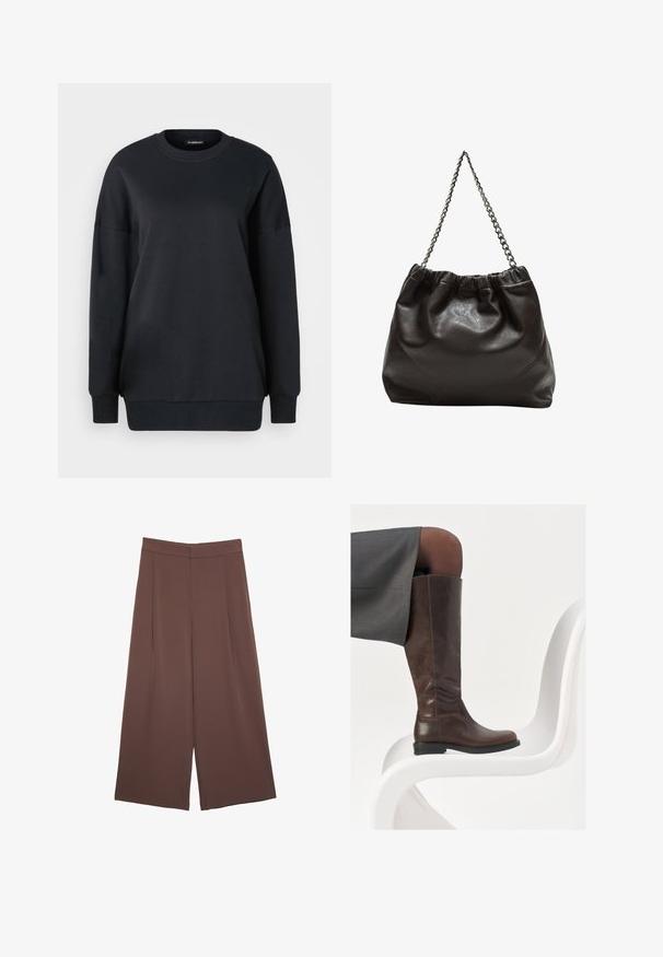 Czarna bluza z bawełny, z okrągłym dekoltem, długimi rękawami i luźnym krojem. Gładka tekstura z prążkowanymi mankietami i dołem.; Brązowe spodnie o szerokich nogawkach z gładką fakturą, z wysokim stanem i plisami z przodu. Materiał jest lekki i luźno opada.; Brązowe skórzane wysokie buty do kolan z okrągłym noskiem, gładką fakturą i minimalnymi detalami przeszycia, ustawione na jasnym tle na białym krześle.; Brązowa skórzana torba z marszczonym szczytem i łańcuszkowym paskiem. Gładka tekstura z błyszczącym wykończeniem i subtelnymi detalami szwów po bokach.