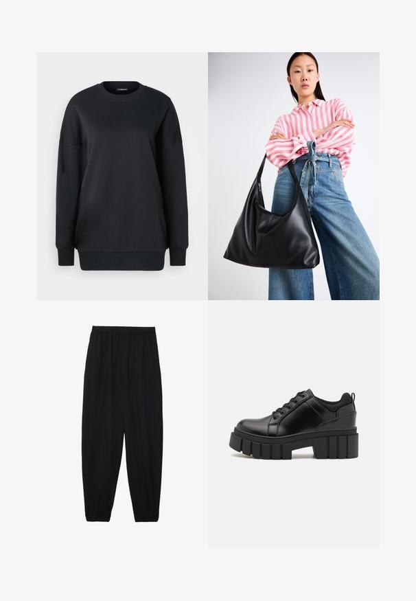Sweatshirt preto feito de algodão, com um decote redondo, mangas longas e um corte descontraído. Textura suave com punhos e barra canelados.; Calças pretas, leves, com um cinto elástico e punhos franzidos. O tecido é suave e apresenta um design relaxado e afunilado.; Sapatos de plataforma em couro preto com um salto bloco robusto, bico redondo e design clássico de atacadores. Apresentam uma textura suave e detalhes mínimos.; Bolsa de ombro em couro preto com uma forma descontraída e detalhes costurados. O modelo usa uma camisa listrada em rosa e branco com jeans de perna larga azul.