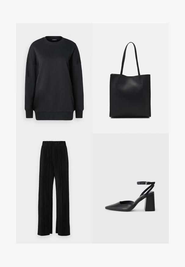 Μαύρη φούτερ φτιαγμένη από βαμβάκι, με στρογγυλή λαιμόκοψη, μακριά μανίκια και άνετη εφαρμογή. Λείο υλικό με ριμπ ύφανση στους αστραγάλους και το κόψιμο.; Μαύροι πλισέ παντελόνια με ελαστική μέση. Διαθέτουν φαρδιά πόδια και μαλακό, υφασμάτινο υλικό με κατακόρυφες ρίγες.; Μαύρο δερμάτινο ψηλοτάκουνο παπούτσι με οξύ μυτερό τόξο, λουράκι στον αστράγαλο και χοντρό τακούνι. Λείος υφασματισμός, κομψός σχεδιασμός και μινιμαλιστική αισθητική.; Μαύρη δερμάτινη τσάντα tote με λείο υφή, ορθογώνιο σχήμα και δύο μακριές λαβές. Χωρίς ορατό υλικό ή διακοσμητικά στοιχεία.