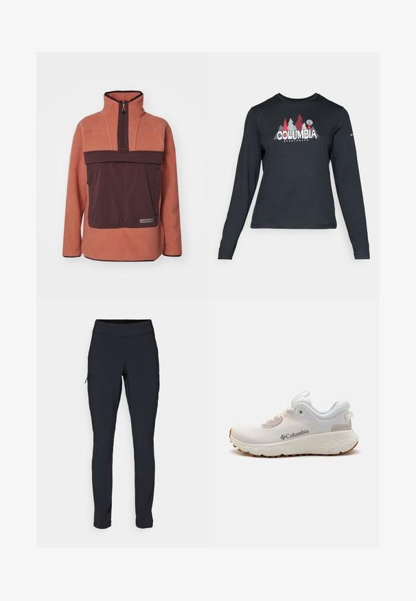 Icepeak YASMA - Fleece jumper - dark orange; Long-sleeve dark gray shirt with a graphic of red trees and mountains; "COLUMBIA" logo in bold white text. Soft fabric, standard crew neck.; Black athletic pants with a slim fit, elastic waistband, and a side pocket featuring a zipper. Smooth, stretchy fabric with minimal seams.; Lightweight Columbia athletic shoe in white mesh with a textured gray sole and rubber traction. Features a padded collar and lace-up design.