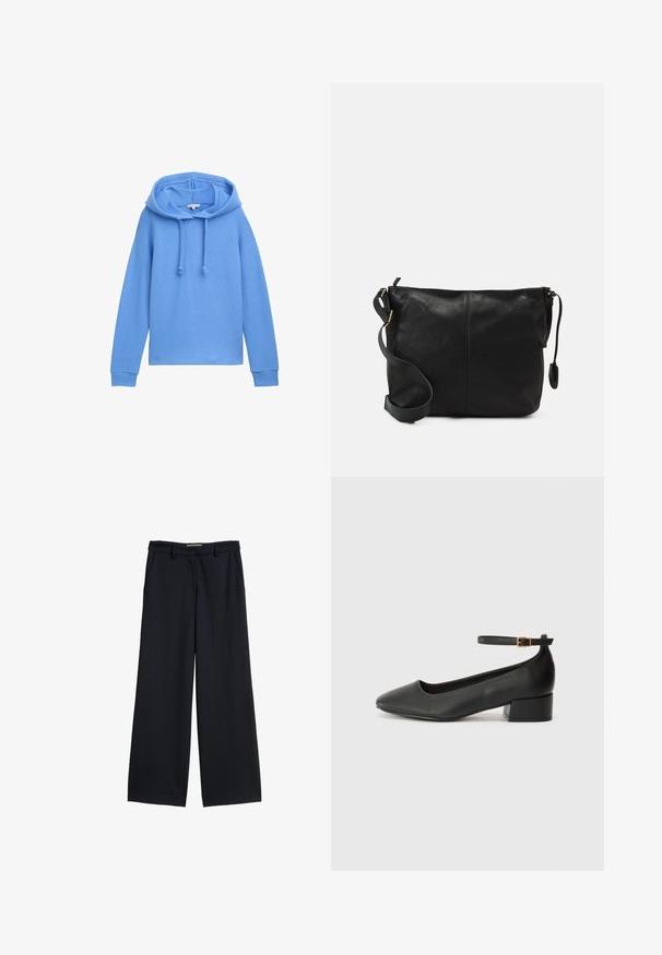 TOM TAILOR DENIM Pulover - sicilian blue; Pantaloni cu picioare largi din țesătură albastră închisă, cu un talie plată, passanti pentru curea și două buzunare laterale. Textură netedă fără modele.; Pantof cu toc negru din piele, cu vârf ascuțit și toc mic pătrat. Dispune de o curea la gleznă cu o cataramă în tonuri de aur. Textură netedă.; Geantă de umăr din piele neagră, cu o formă plată, accente de metal auriu și o curea ajustabilă. Textură netedă cu detalii de cusătură minime.