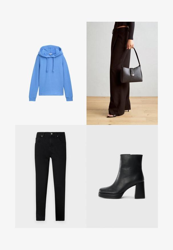 TOM TAILOR DENIM - Sweter; Czarne jeansy o dopasowanym kroju, z zapięciem na guziki z przodu, szlufkami na pasek i klasycznym pięciopocketowym wzorem. Gładka tekstura.; Czarne skórzane botki za kostkę z blokowym obcasem i platformą, widok z boku na białym tle.; Czarna torebka o usztywnionym kształcie, gładkiej fakturze i metalowym zapięciem. Połączona z szerokimi czarnymi spodniami i sandałami na otwartym palcu na drewnianej podłodze.