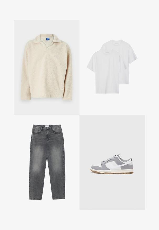 Beige fleece genser med en teksturert, koselig overflate, med V-hals og lange ermer. Merket synlig inne i kragen.; To hvite bomulls T-skjorter med korte ermer, rund hals, og et enkelt design, med minimal sømdetalj og ingen synlige logoer.; Høyt liv, løstsittende jeans i falmet svart denim. Har fem lommer, beltehemper og et rent, rett ben-design.; Grå og hvite sneakers med overdel i semsket skinn og lær, rund tå, flate lisser, og gummisåle med gummibelegg.