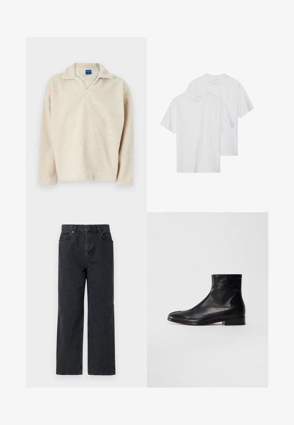 Beige fleece-pullover med en tekstureret, hyggelig overflade, udstyret med V-udskæring og lange ærmer. Mærket er synligt indeni kraven.; To hvide bomulds T-shirts med korte ærmer, rund hals, og et enkelt design, der har minimale syninger og ingen synlige logoer.; Mørkeblå denimbukser med bred ben, fem-lomme design og knaplukning. Inkluderer kobberfarvet hardware og subtil tekstur.; Sorte glatte læder ankelstøvle med lav hæl og rund tå, vist fra siden på en hvid baggrund.