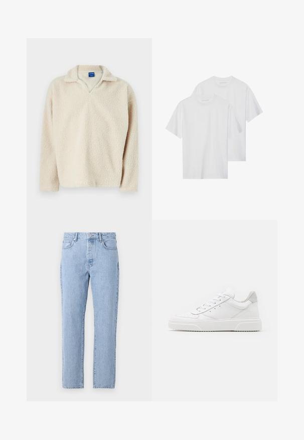Beige fleece pullover met een gestructureerd, comfortabel oppervlak, voorzien van een V-hals en lange mouwen. Label zichtbaar aan de binnenkant van de kraag.; Twee witte katoenen T-shirts met korte mouwen, ronde hals en een eenvoudig ontwerp, met minimale stikseldetails en geen zichtbare logo's.; Lichtblauwe spijkerbroek met een recht model, vijf zakken en een knoopsluiting. Zachte textuur met een klassieke vervaagde afwerking.; Witte leren sneakers met een gladde afwerking, ronde neus, platte veters en een gestructureerde zool. Grijze suède accent bij de hiel.