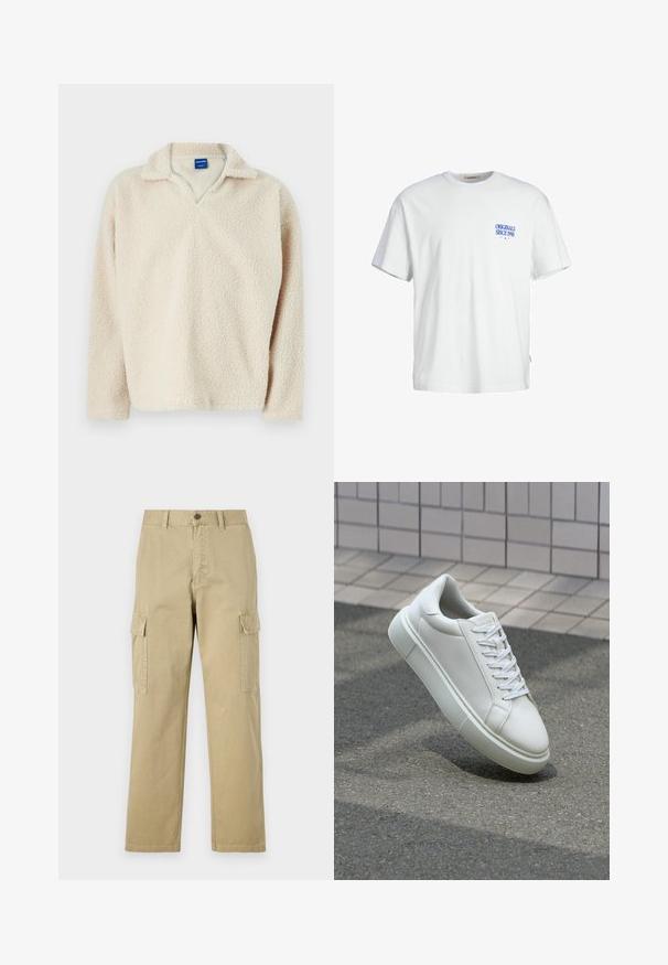 Beidzīgas krēmkrāsas fliša puloveris ar teksturētu, mājīgu virsmu, iekļauj V veida kaklu un garām piedurknēm. Etiķete redzama iekšpusē apkaklei.; Balta kokvilnas T-kreklu ar brīvu piegriezumu, ar zilu tekstu "ORIGINALS SINCE 1990" kreisajā krūtī un austām etiķetēm sānos.; Beige kravas bikses no kokvilnas, kas aprīkotas ar divām sānu kabatām, pogu aizdari un taisnām kājām ar nedaudz teksturētu audumu.; Baltas ādas sporta apavi ar gludu virsmu, apaļu pirkstu un plakanām baltām šņorēm. Iezīmējas ar strukturētu gumijas zoli un minimālisma dizaina elementiem.