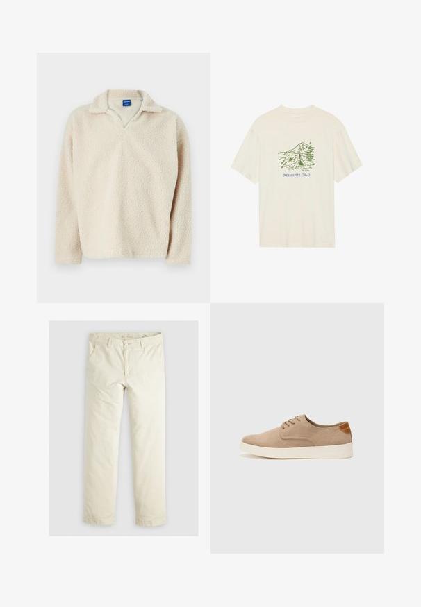 Beige fleece-pullove rga, jolla on teksturoitu ja mukava pinta, jossa on V-pääntie ja pitkät hihat. Tunnus näkyvissä kauluksessa.; Kermanvärinen puuvillapaita, jossa on lyhyet hihat ja vihreä leirintäteemainen grafiikka sekä teksti "PHOENIX 112.0740".; Vaaleanbeige löysäntuftiset housut, joissa on kolme taskua, vyölenkit ja suora lahje. Valmistettu pehmeästä puuvillasekoitekankaasta.; Beige nubuck-lenkkarit, joissa on pyöreä kärki, nauhakiinnitys ja teksturoitu takaosa. Valkoinen kumipohja tuo kontrastia. Yksinkertainen ja moderni muotoilu.