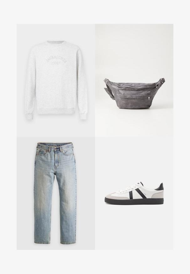 Gray sweatshirt made of soft fabric. Features ribbed cuffs and hem, with "JACK & JONES" embroidered logo in a curved design on the chest.; Light blue denim jeans with high waist, front button, zipper, and five-pocket design, laid flat on a neutral background.; White sneaker with black and gray accents, featuring a textured gray toe cap, black rubber sole, and flat white laces. Clean design, minimalist style.; Gray suede fanny pack with a rounded shape, two zippered compartments, and adjustable strap. Features metal hardware accents.