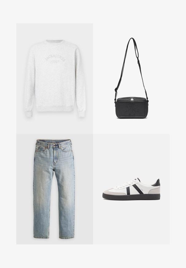 Szara bluza z miękkiego materiału. Posiada ściągacze przy mankietach i u dołu, z wyszywanym logo "JACK & JONES" w zakrzywionym stylu na piersi.; Jasnoniebieskie dżinsy z wysokim stanem, z guzikiem z przodu, zamkiem błyskawicznym i pięcioma kieszeniami, ułożone na płasko na neutralnym tle.; Białe sneakersy z czarnymi i szarymi akcentami, z teksturowanym szarym czubkiem, czarną gumową podeszwą i płaskimi białymi sznurowadłami. Czysty design, minimalistyczny styl.; Czarna skórzana torba na ramię z zamkiem błyskawicznym, wytłoczone logo na przodzie i regulowanym paskiem. Gładka tekstura w prostokątnym kształcie.
