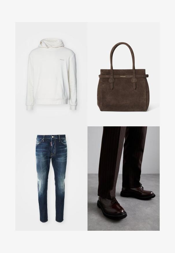 Sudadera blanca con bolsillo frontal, mangas largas y capucha con cordón. Presenta un tejido suave y un discreto texto bordado en el pecho.; Jeans de mezclilla azul oscuro con un corte ajustado, que presentan áreas desgastadas en los muslos y las rodillas, cinco bolsillos y un cierre de botón de metal.; Zapatos de cuero marrón con cordones y un acabado brillante, suela de goma negra y costuras sutiles. Llevados con pantalones marrón de rayas.; Bolsa tote de ante marrón oscuro con dos asas y una correa horizontal que presenta una pequeña placa de logo dorado de DSQUARED2.