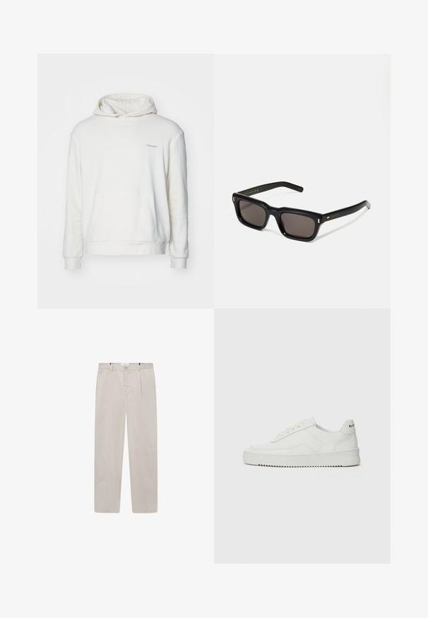 Hanorac alb cu buzunar frontal, mâneci lungi și glugă cu șnur. Conține un material moale și text brodat subtil pe piept.; Pantaloni bej deschis din țesătură moale, cu croială dreaptă, dotati cu două buzunare laterale și închidere cu buton în față. Textură ușoară și netedă.; Sneakers din piele albă cu un finisaj neted, vârf rotund, șireturi plate și o talpă texturată. Prezintă un logo subtil pe călcâi.; Ochelari de soare negri, rectangul care au lentile întunecate, ramă din plastic gros, accente aurii pe brațe și logo-ul brandului gravat pe mâner.