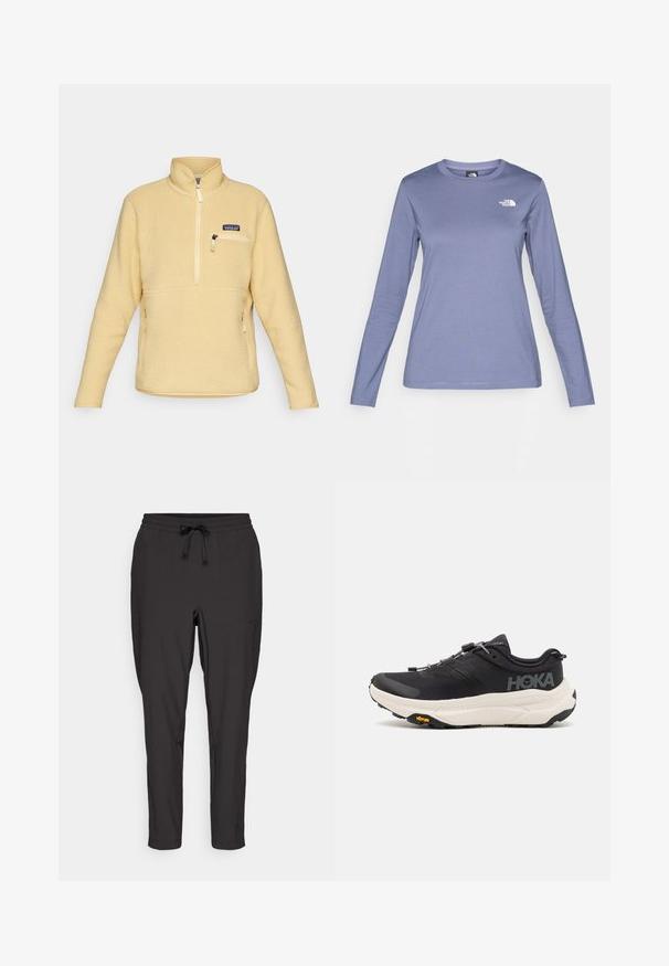 Sudadera de forro polar amarillo con cuello alto, media cremallera en la parte delantera, bolsillo con cremallera en el pecho y bolsillos laterales. Tejido texturizado con un aspecto suave y esponjoso.; Camisa de manga larga en tejido morado claro, con cuello redondo y el logo de The North Face en blanco en el lado izquierdo del pecho. Textura suave, corte casual.; Pantalones de chándal negros con cintura elástica, detalle de cordón ajustable y bolsillos laterales. Hechos de una tela suave y ligera.; Zapatillas deportivas negras con parte superior de malla transpirable, suela de goma, entresuela blanca acolchada y cordones reflectantes. Logo de Vibram en la suela.